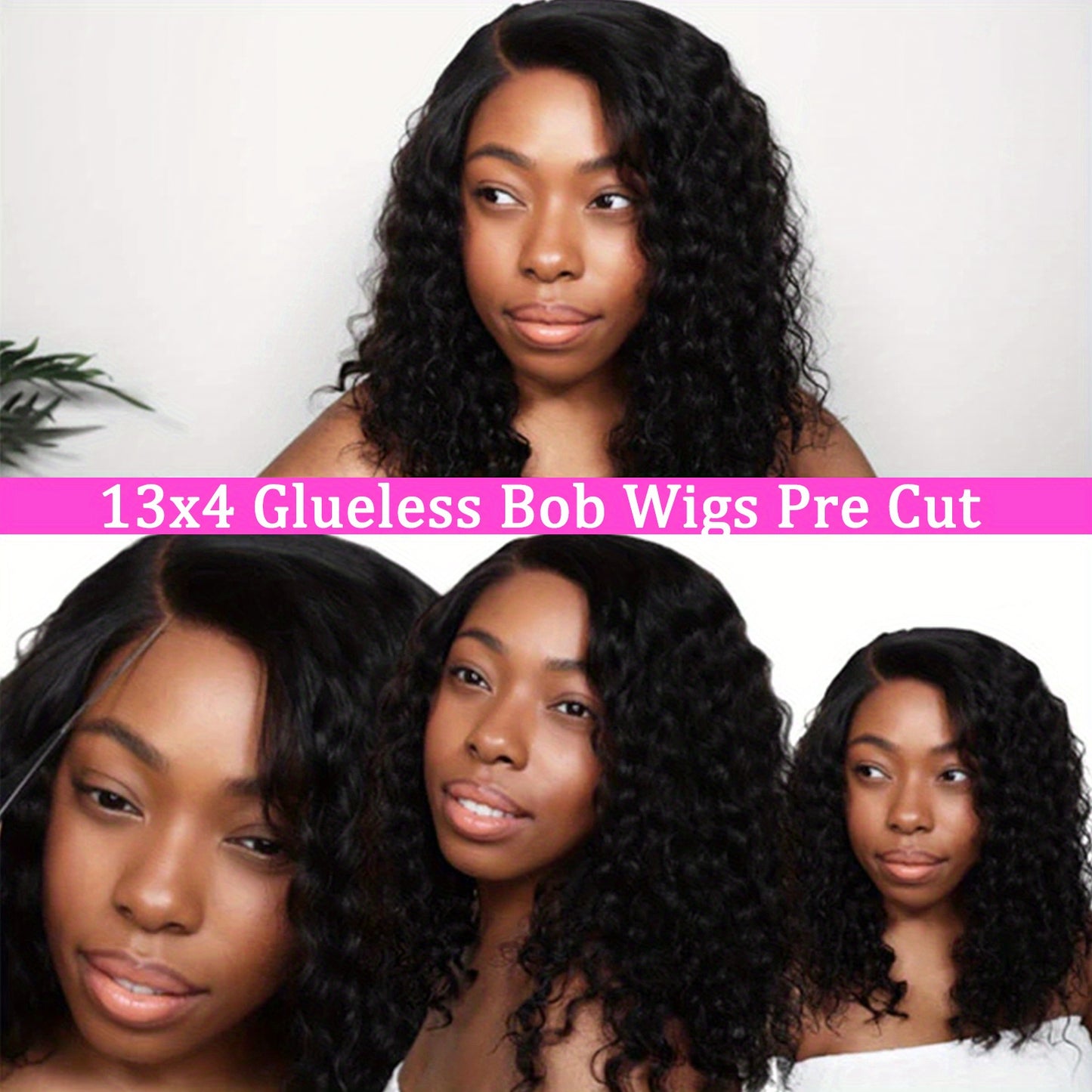 13x4 deep wave glueless wig styled in a bob cut, showcasing natural waves and a pre-cut design