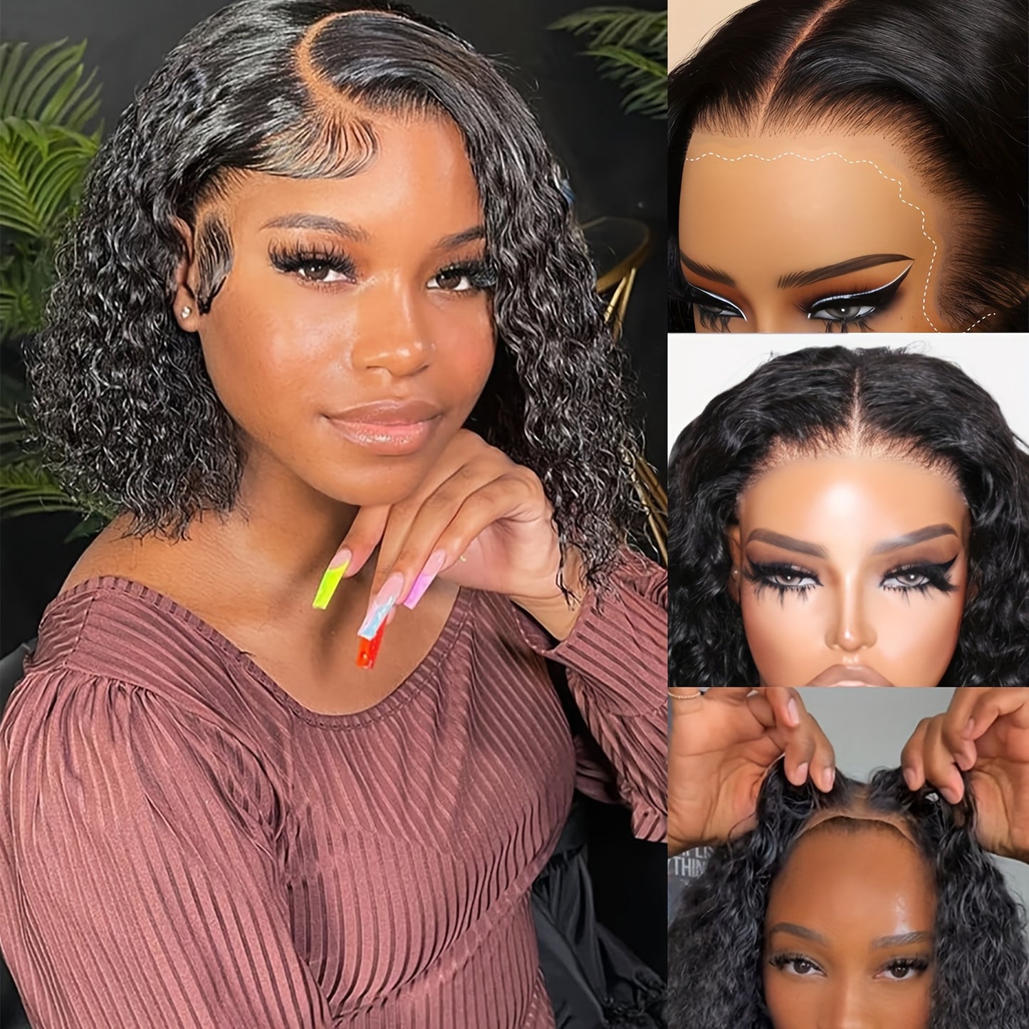 13x4 deep wave glueless wig styled on a model with a natural look and defined curls