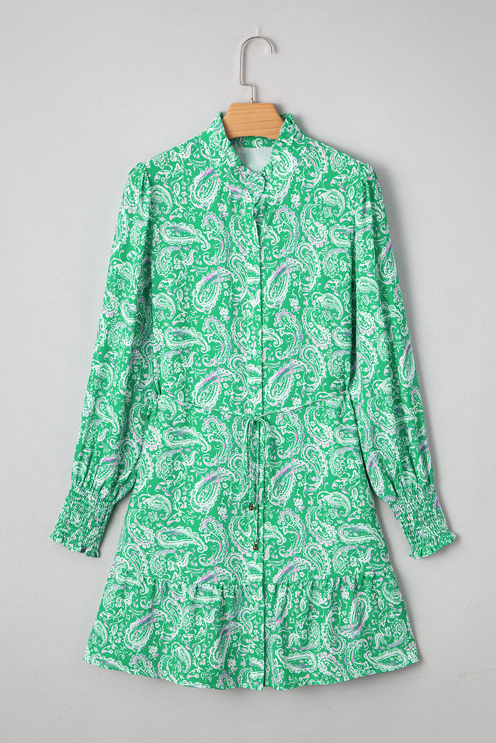 Green Paisley Mini Dress Tie-Waist Ruffle Hem
