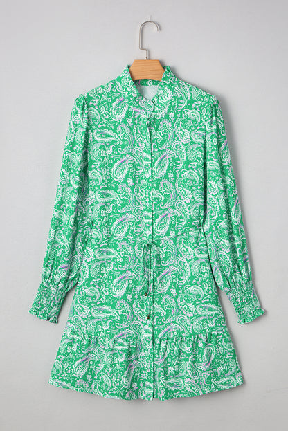 Green Paisley Mini Dress Tie-Waist Ruffle Hem