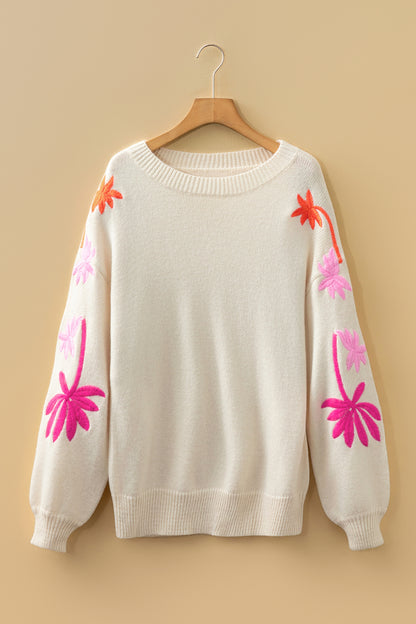 Beige Embroidered Floral Sweater