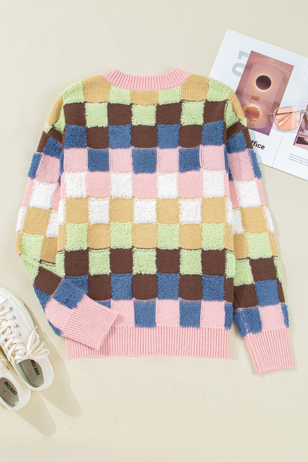Multicolor Checkered Cardigan Sweater