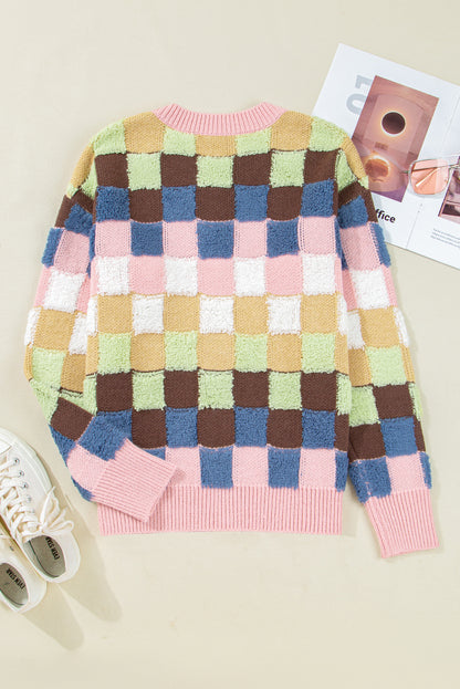 Multicolor Checkered Cardigan Sweater