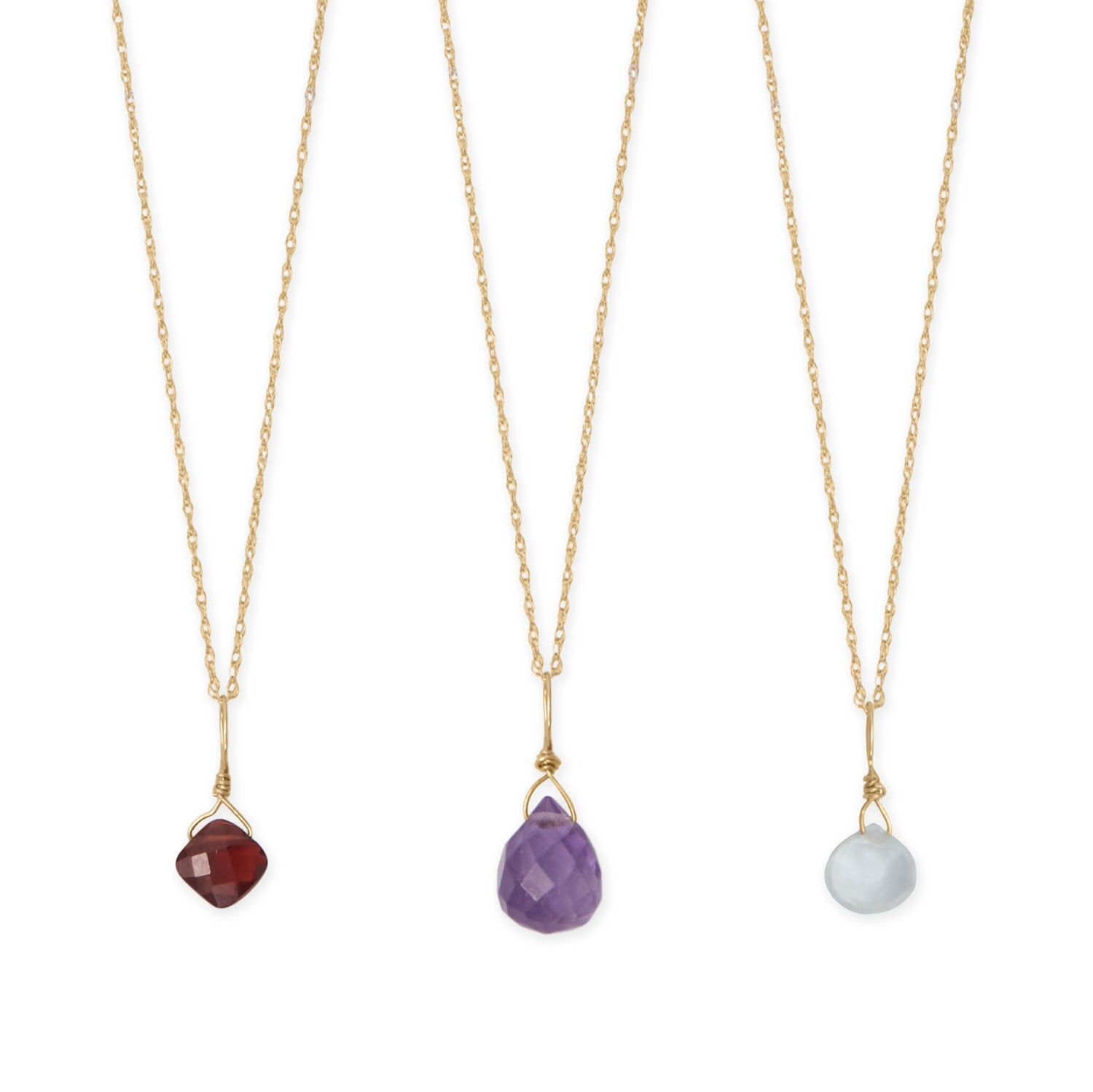 14k gold birthstone necklace featuring three colorful gemstones in a dangles and drops design
