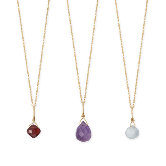 14k gold birthstone necklace featuring three colorful gemstones in a dangles and drops design