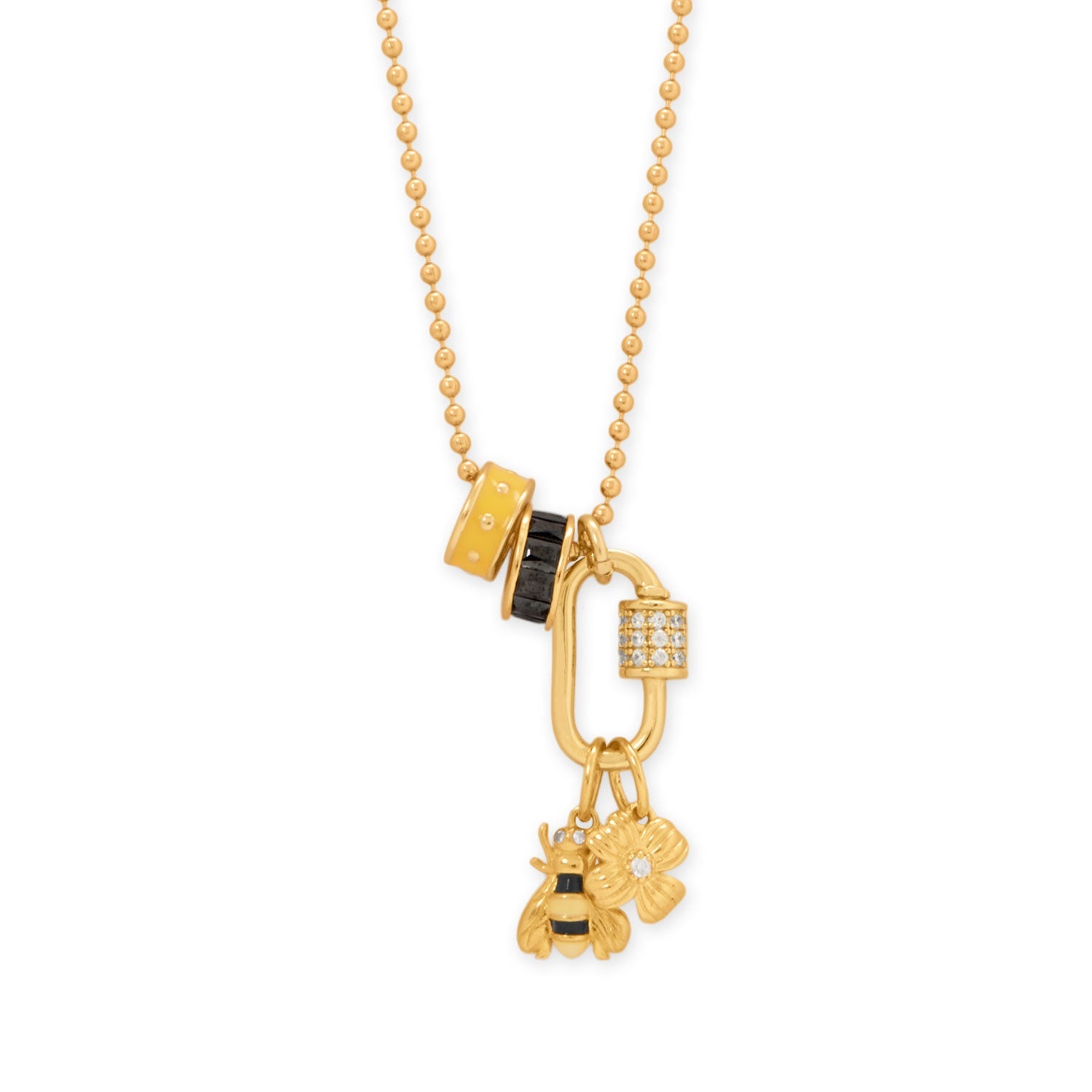 14k gold plated charm necklace with bee and flower charms for trendy accessory lovers