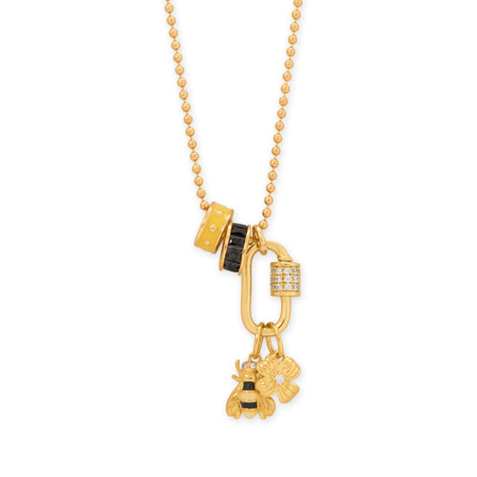 14k gold plated charm necklace with bee and flower charms for trendy accessory lovers