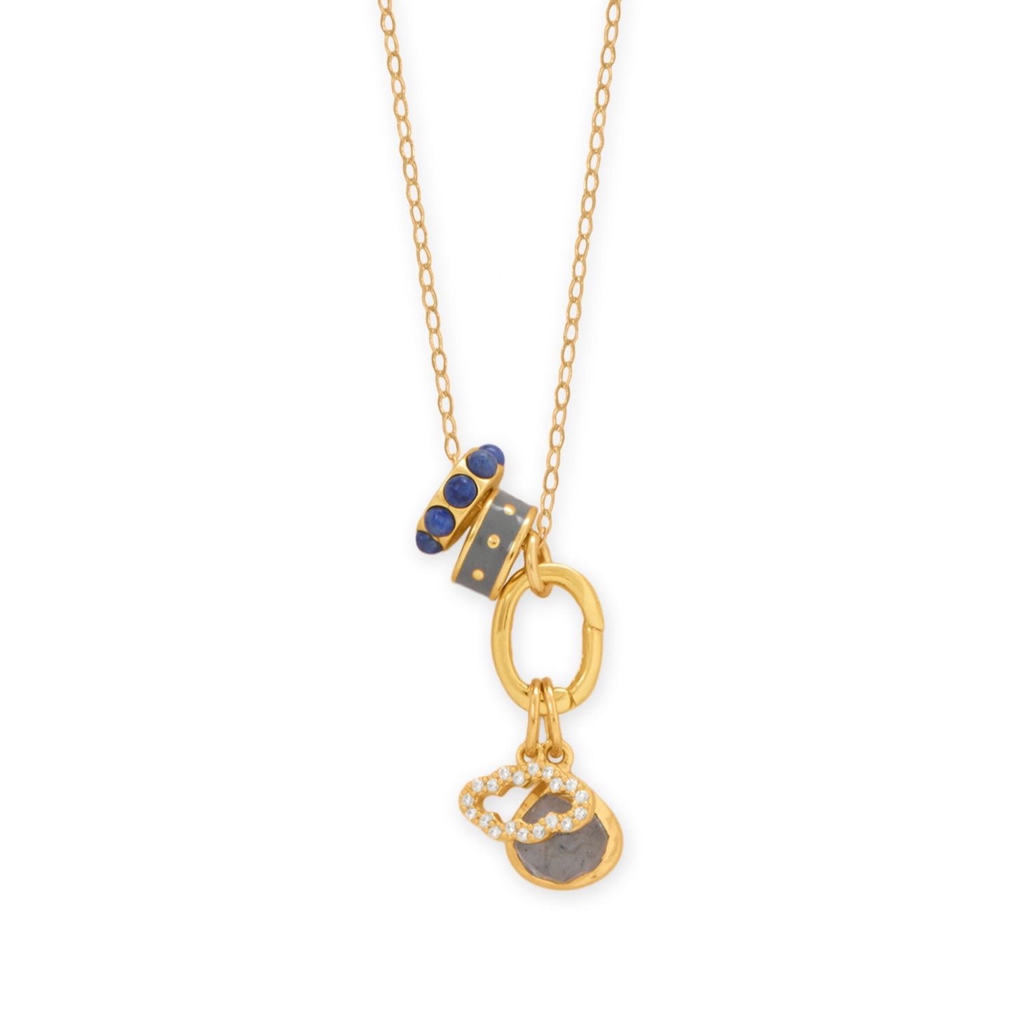 14k gold plated charm necklace featuring unique dangles and decorative drops for elegant style