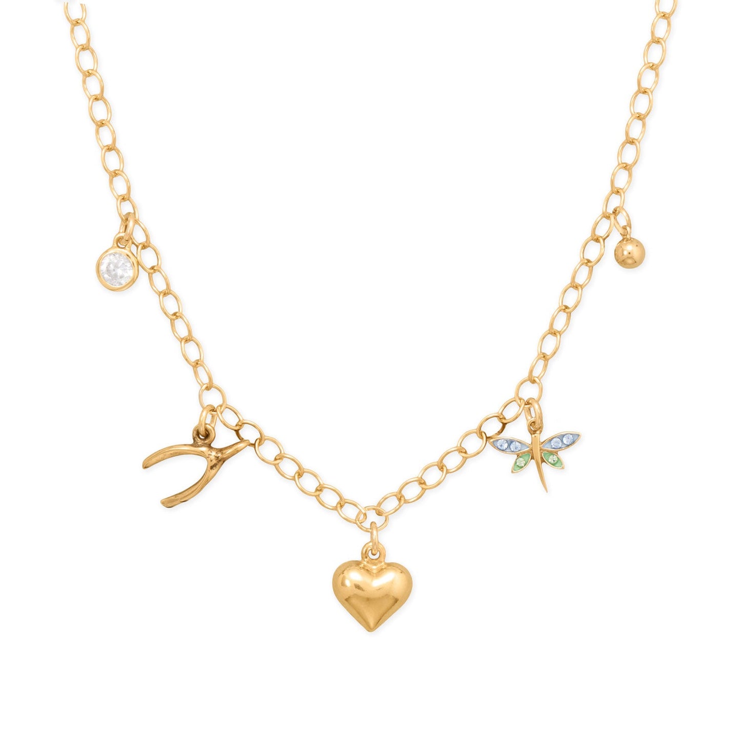 14k gold plated charm necklace featuring heart, stone, and dragonfly charms for a stylish look