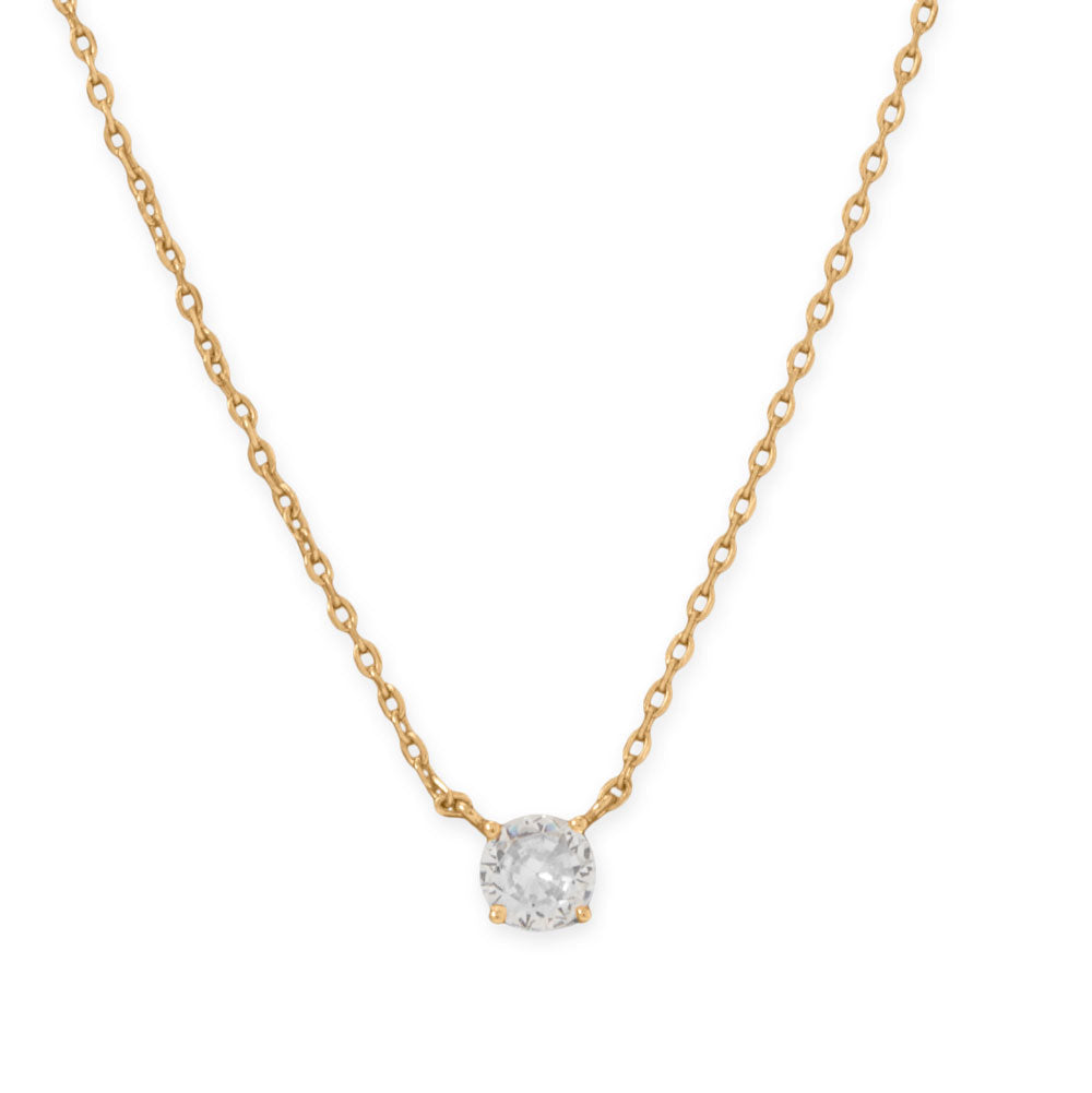 14k gold plated cz necklace with a single sparkling cubic zirconia pendant