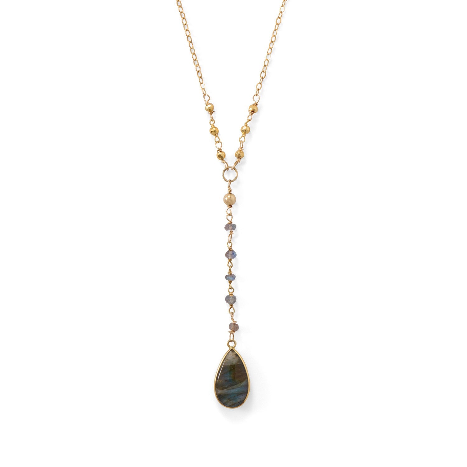 14k gold plated labradorite necklace with a teardrop pendant and gemstone accents