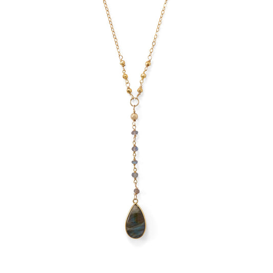14k gold plated labradorite necklace with a teardrop pendant and gemstone accents