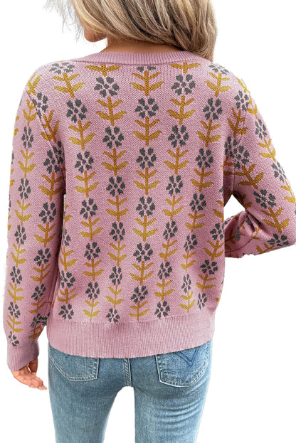 Pink Floral Cardigan Sweater For Women
