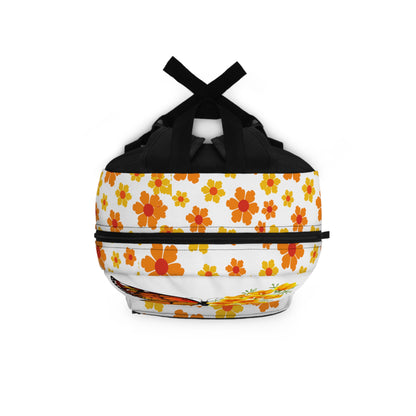 Custom butterfly backpack with a vibrant flower design in orange and yellow, ideal for school or outdoor use