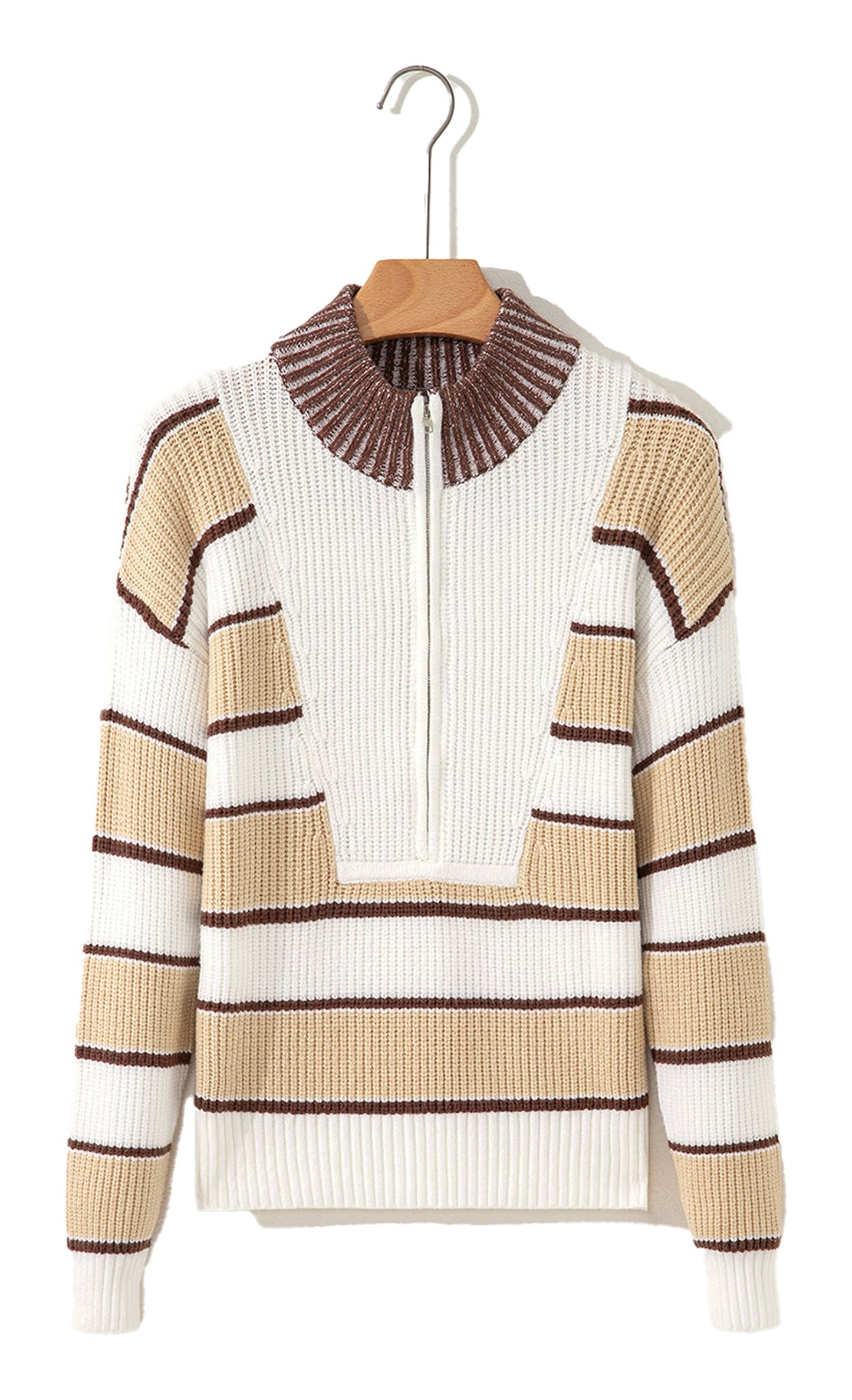 Khaki Stripe Half Zip Drop Shoulder Womens Sweater