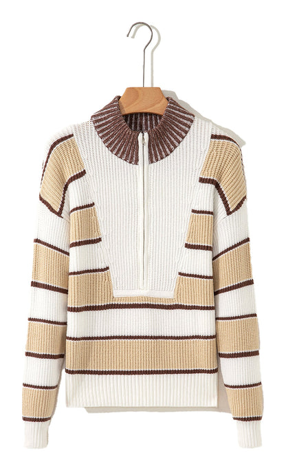 Khaki Stripe Half Zip Drop Shoulder Womens Sweater