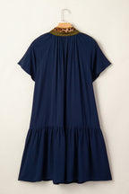 Navy Blue Button Detail Leopard Metallic Trim Short Sleeve Tunic Dress