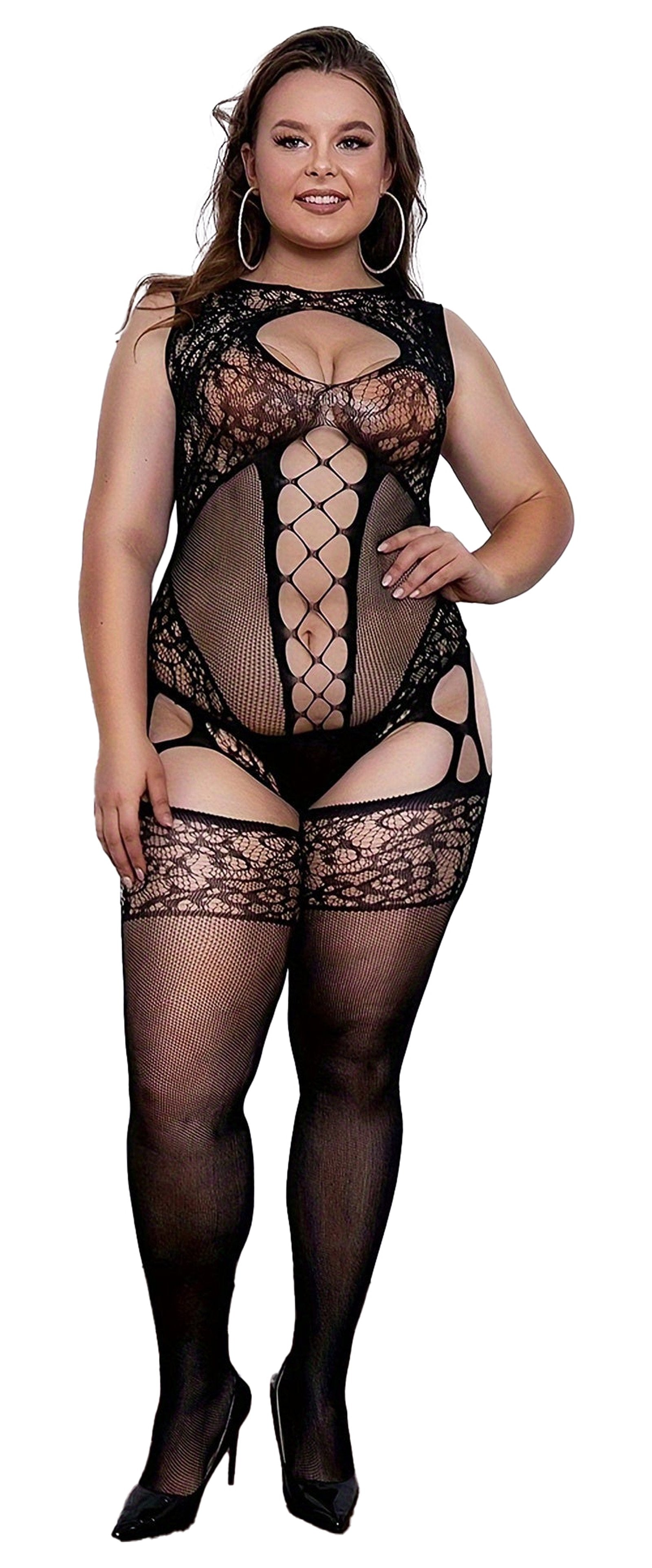 Detail of Cut-Out Design on Plus Size Fishnet Bodystocking