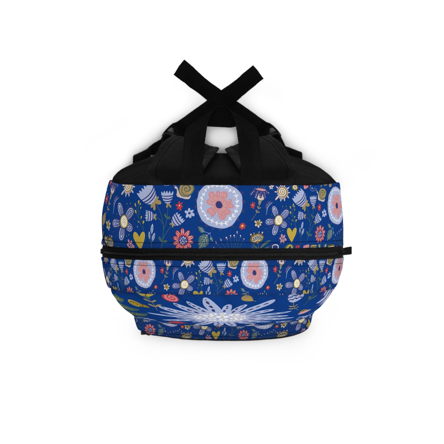 LuckeLadybug custom design backpack with colorful floral patterns and black straps