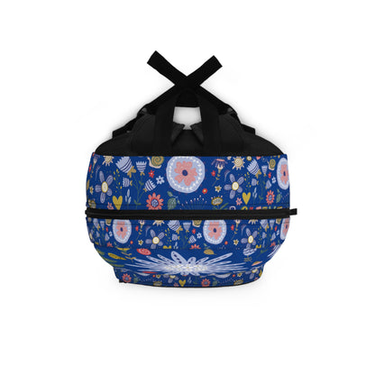 LuckeLadybug custom design backpack with colorful floral patterns and black straps