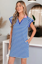Ruffled Dark Blue Striped Flutter Sleeve Dress