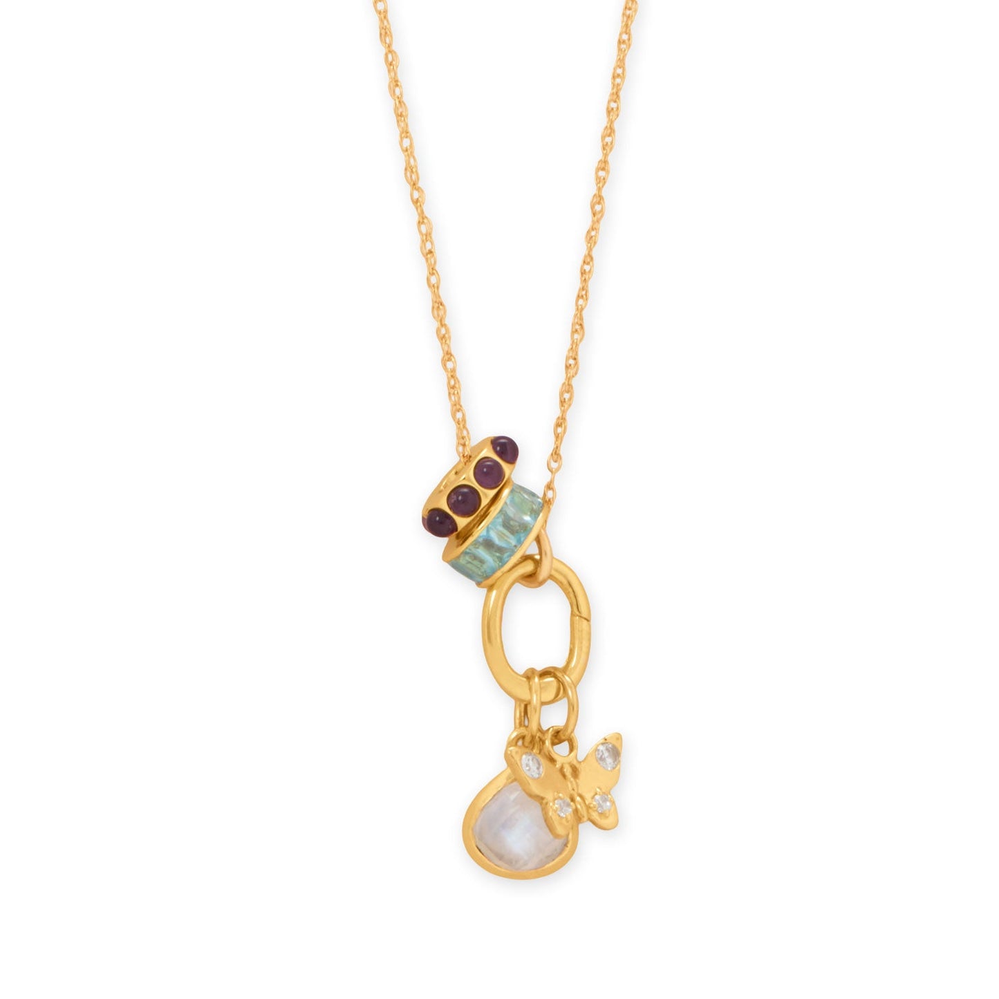 18 inch gold plated charm necklace featuring colorful charms and a butterfly design from LuckeLadybug LLC