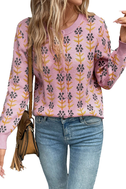 Pink Floral Cardigan Sweater For Women
