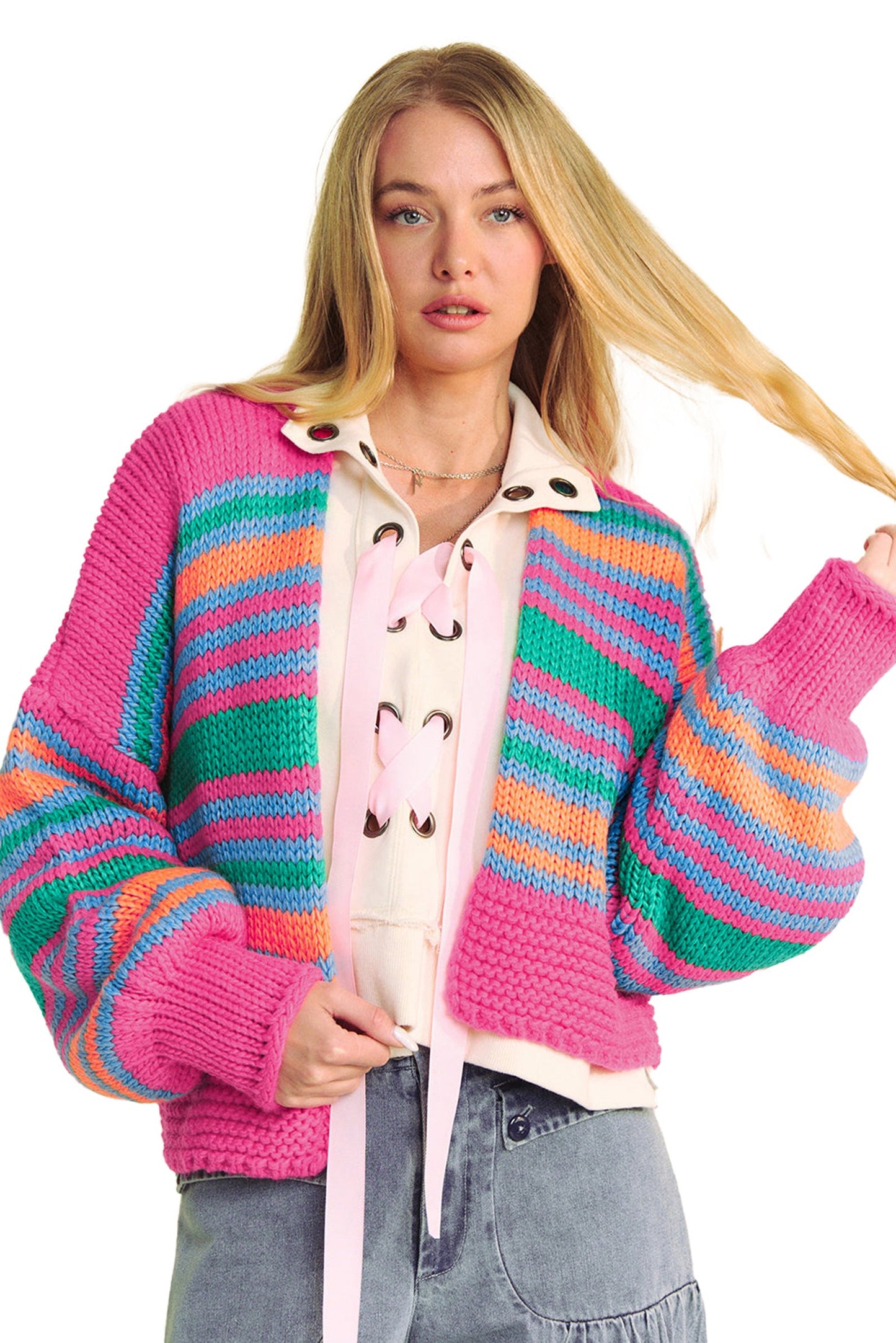Colorful Puff Sleeve Cardigan