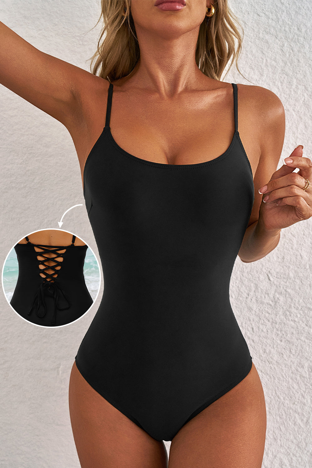 LuckeLadybug LLC Black One-Piece Swimsuit Bathing Suits with Lace-Up Back Design