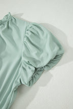 Bright Green Solid Color V Neck Short Puff Sleeve High Waist Tiered Maxi Dress