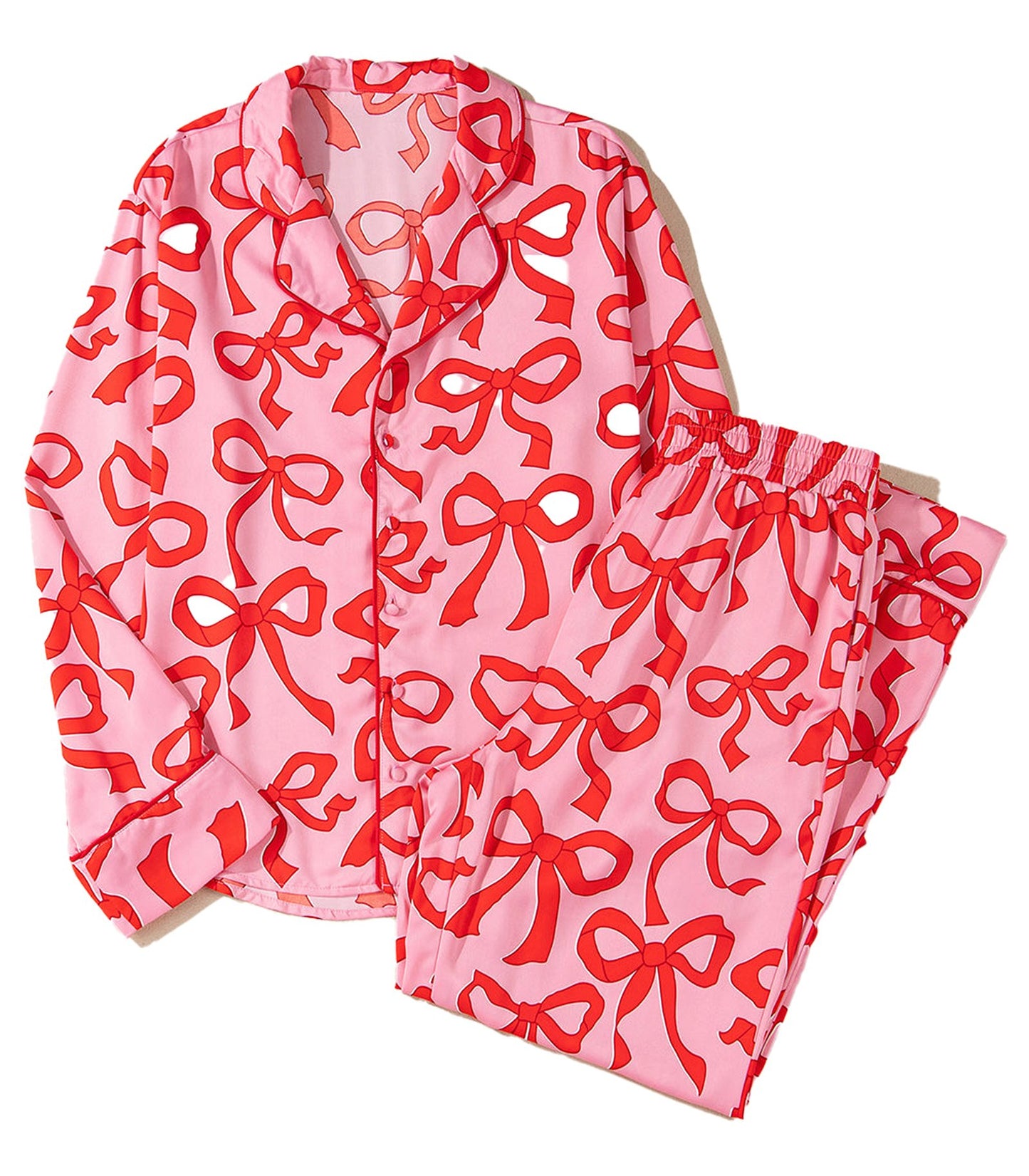 Pink Bow Print Pajama Set For Cozy Nights