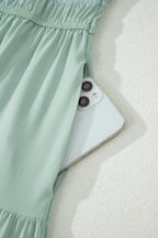 Bright Green Solid Color V Neck Short Puff Sleeve High Waist Tiered Maxi Dress