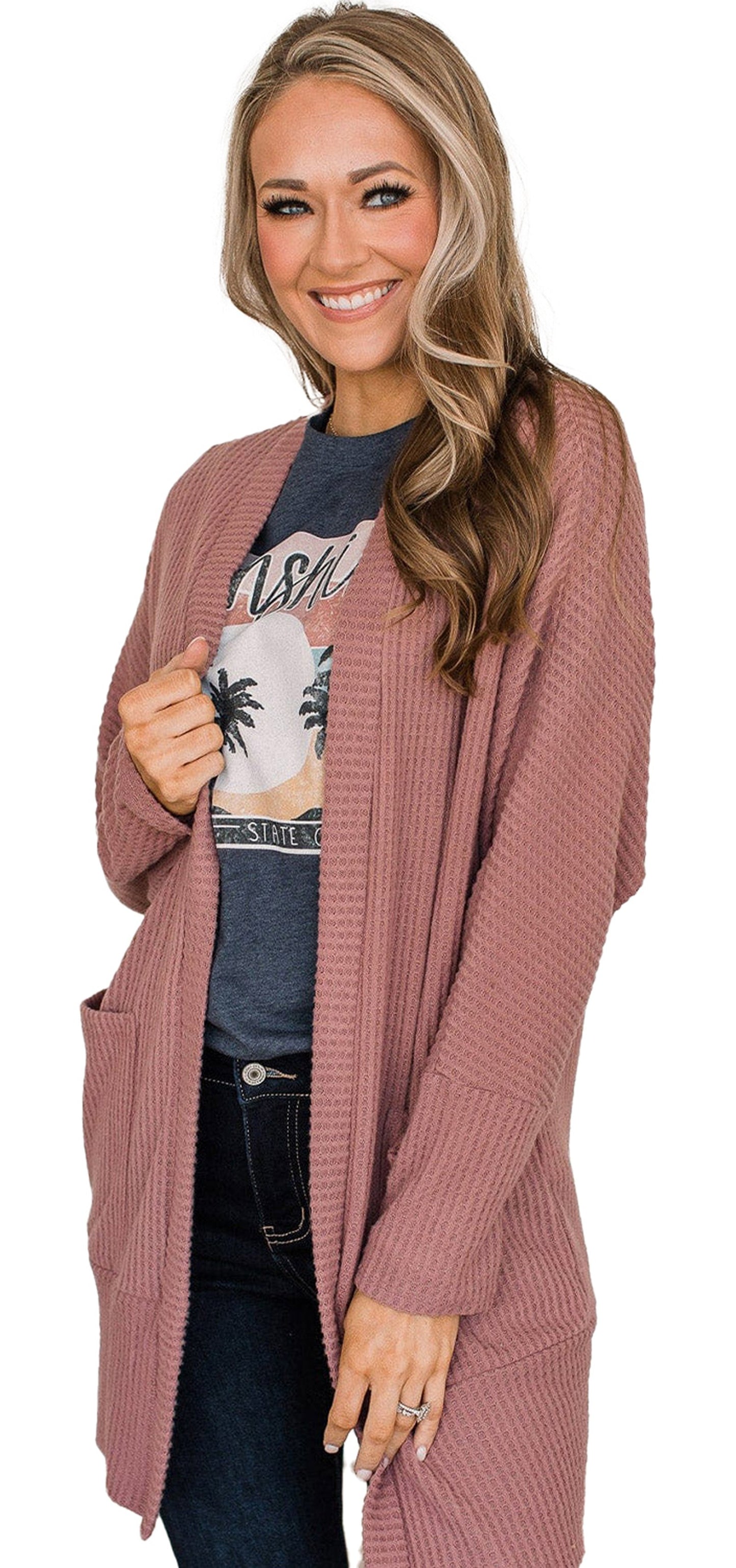 Mineral Red Waffle Knit Cardigan