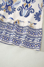 Blue Boho Floral Printed Split Neck Ruffled Sleeve Mini Dress