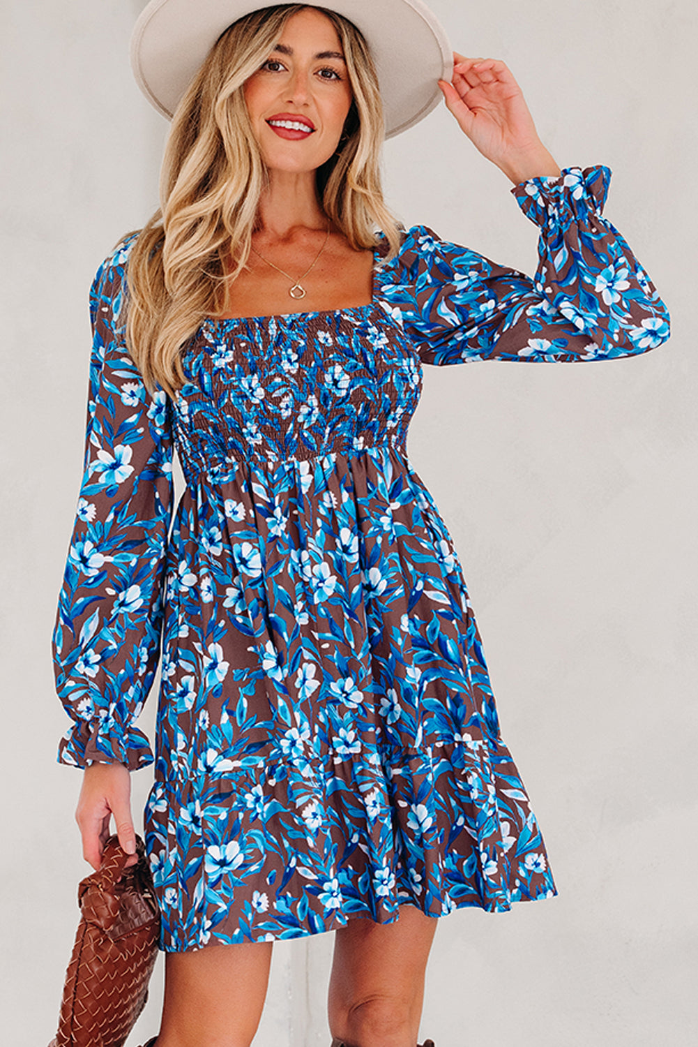 Blue Floral Smocked Dress Puff Sleeve Mini