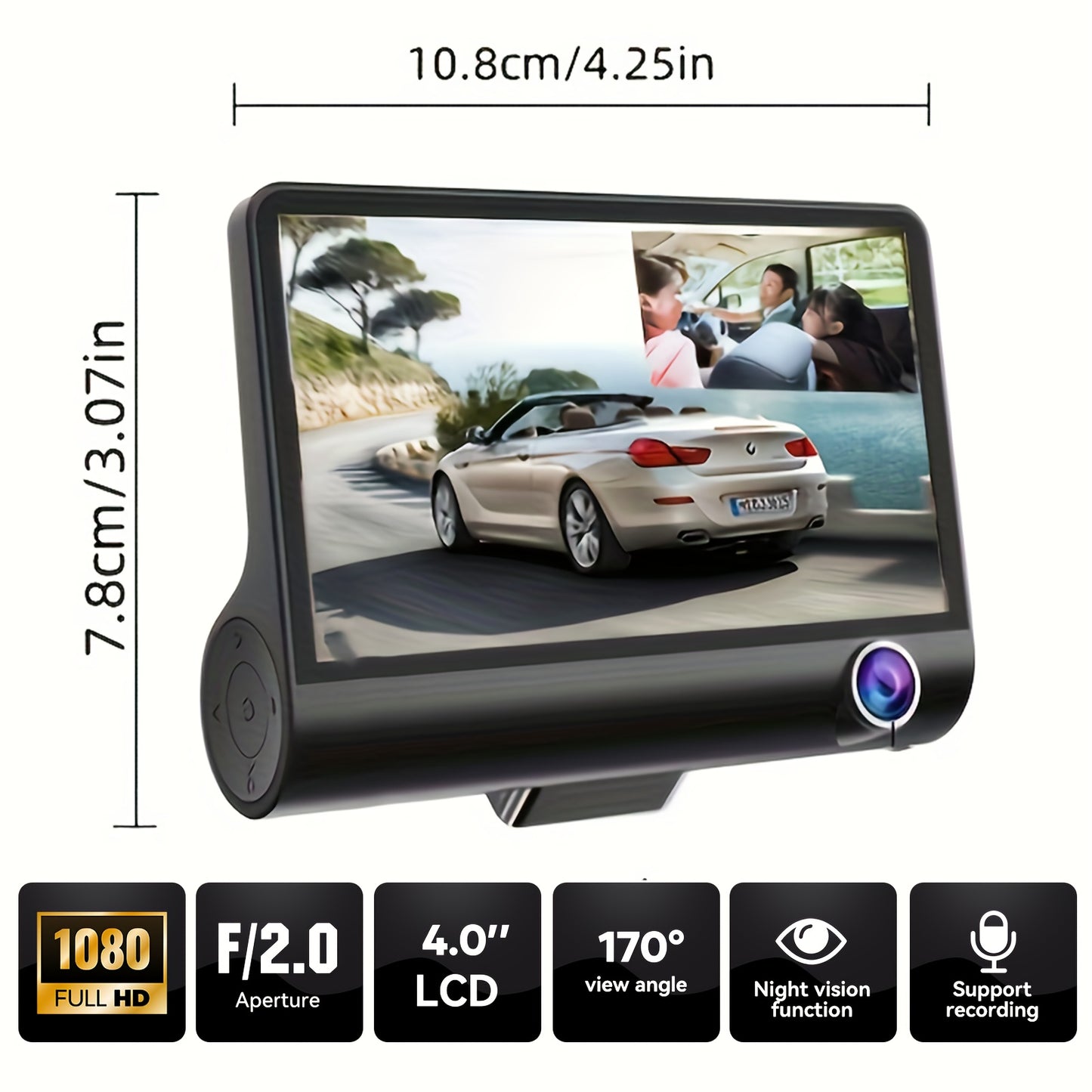 1080p Touch Screen Dash Cam With 3 Cameras