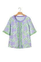 Sky Blue Floral Print Ruffled Color Block Trim Half Sleeve Blouse