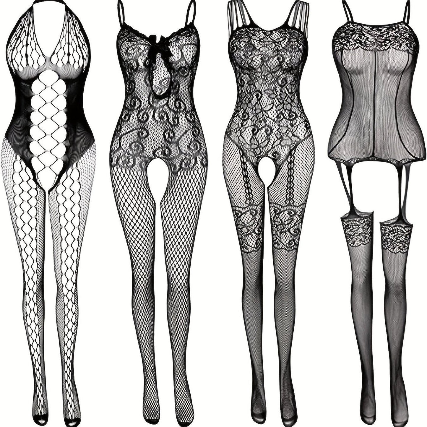 4-Pack Fishnet Bodystocking Set with Jacquard Design & Open Crotch