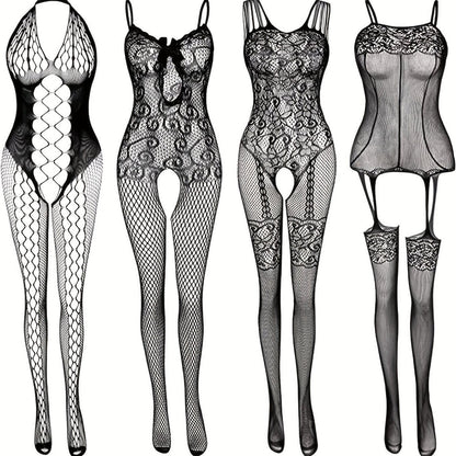 4-Pack Fishnet Bodystocking Set with Jacquard Design & Open Crotch