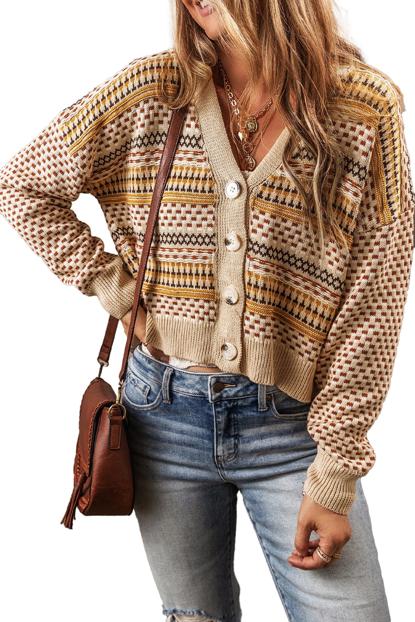 Khaki Buttoned V Neck Cropped Cardigan