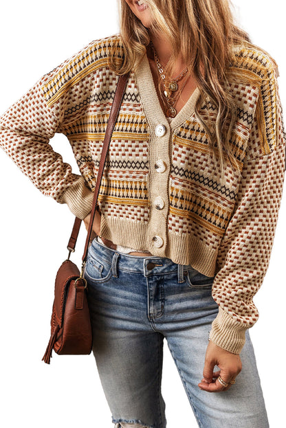 Khaki Buttoned V Neck Cropped Cardigan