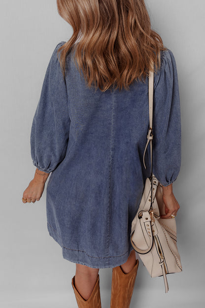Denim Mini Dress With Tie Neck Long Sleeve