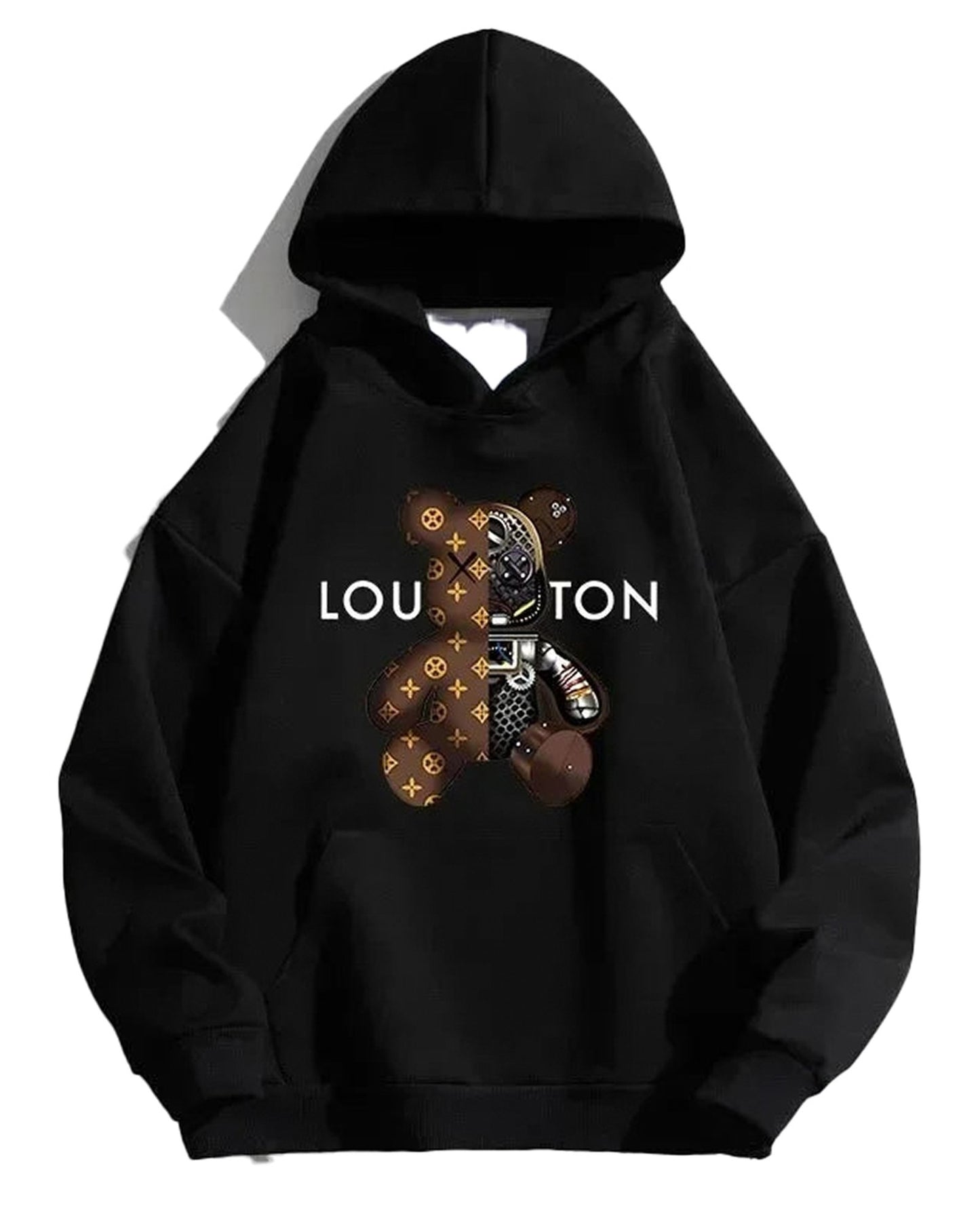 Black 2024 streetwear hoodie featuring a bear graphic and stylish design from LuckeLadybug LLC