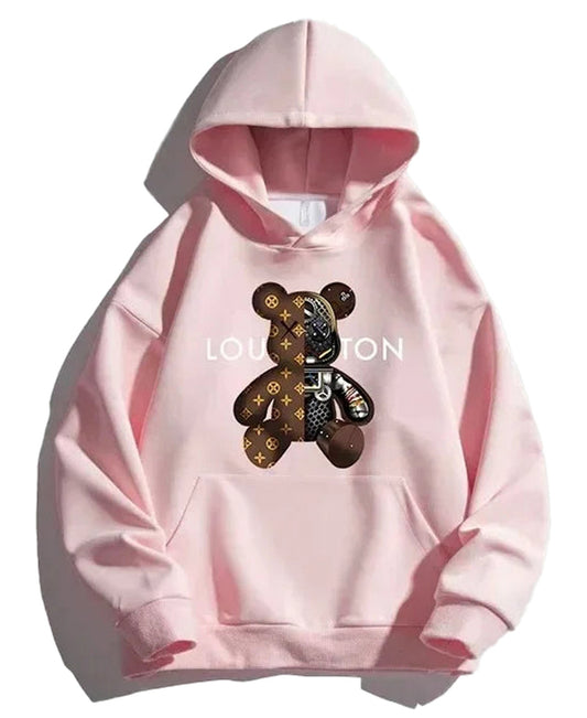 Pink 2024 streetwear hoodie by LuckeLadybug featuring a bear and logo design