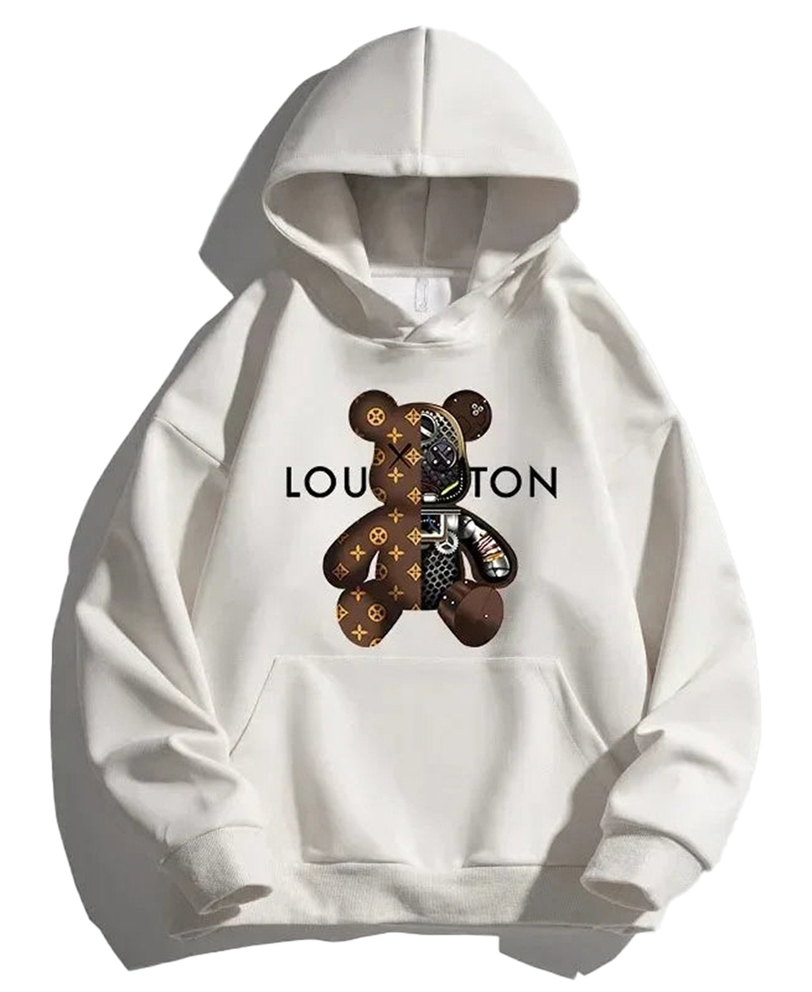 LuckeLadybug 2024 streetwear hoodie in cream featuring a bear graphic and logo design