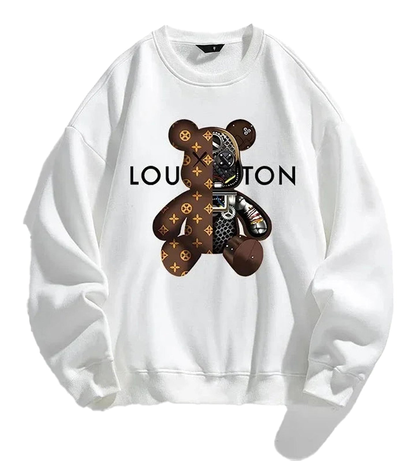 LuckeLadybug LLC 2024 streetwear hoodie in white featuring a bear graphic and designer logos