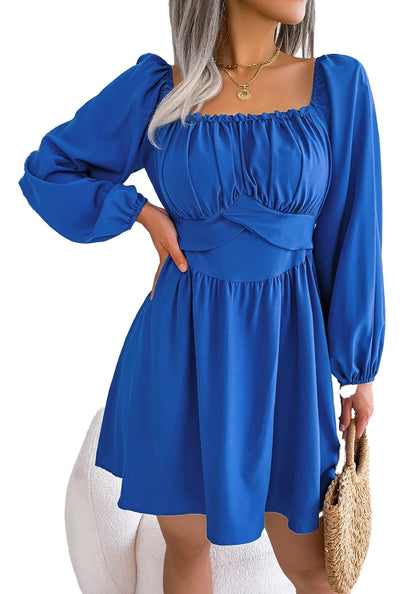 2025 autumn square neck mini dress in vibrant blue with puff sleeves and fitted waist