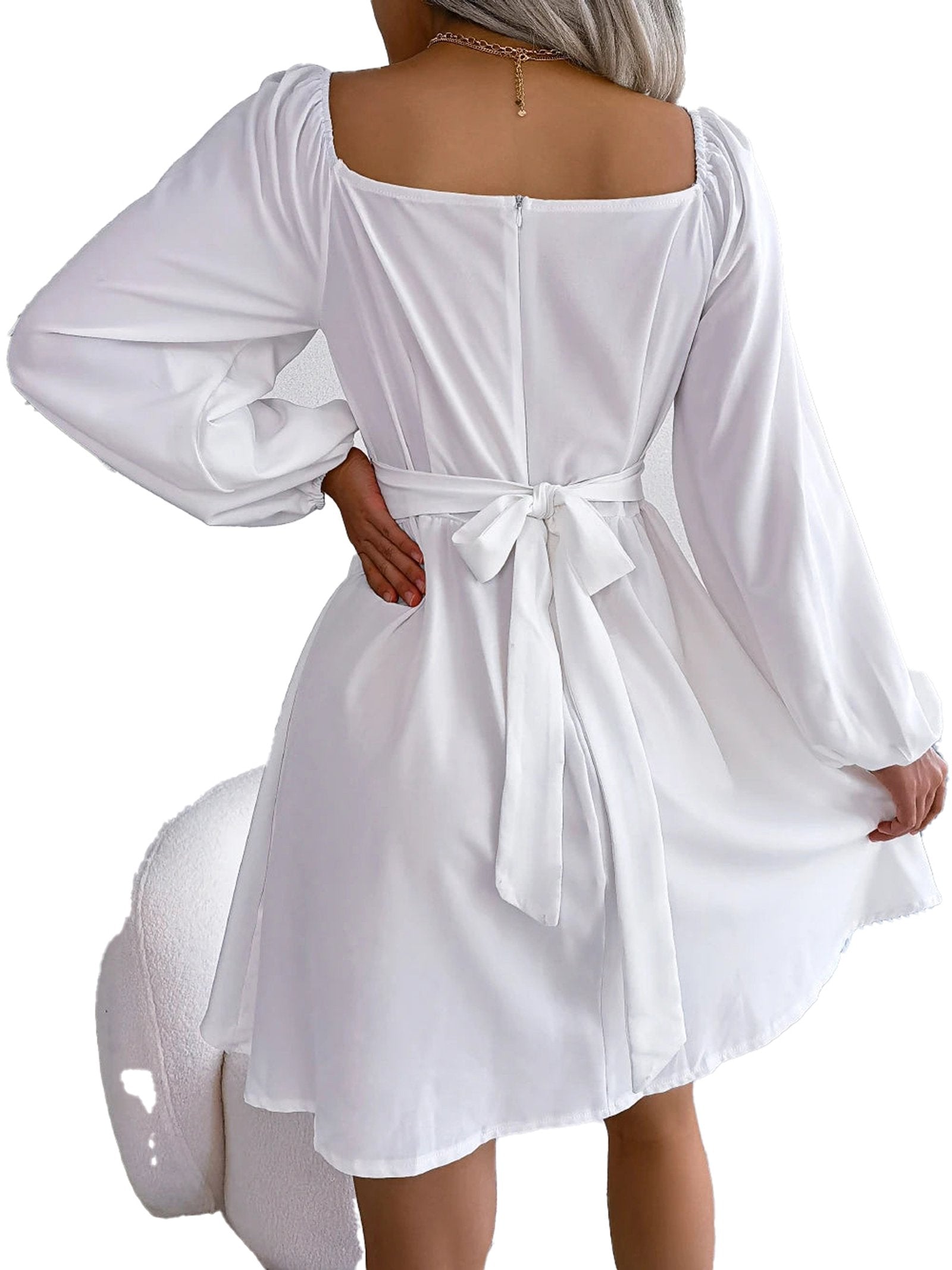 White LuckeLadybug 2025 autumn square neck mini dress with long sleeves and a back tie detail