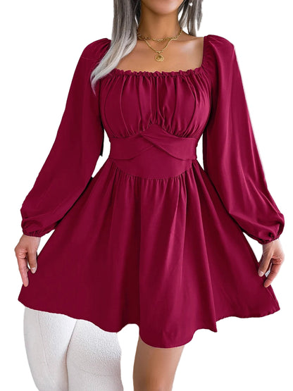 Burgundy 2025 autumn square neck mini dress with long sleeves and a fitted waist for stylish fall outings