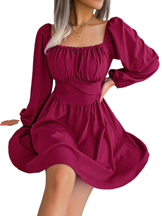 LuckeLadybug LLC 2025 autumn square neck mini dress in burgundy with long sleeves and ruching details